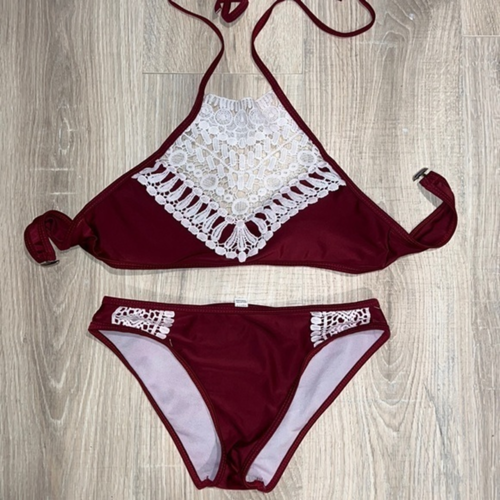 burgundy bikini set‎ halter with white lace